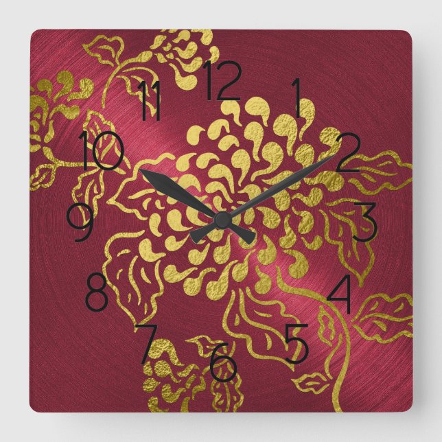 Elegant Red Sheen Gold Chrysanthemum Square Wall Clock (Front)