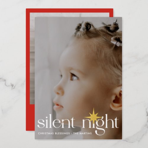Elegant Red Silent Night Christmas Star Two Photo Foil Holiday Card
