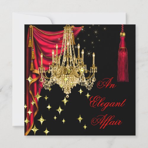 Elegant Red Silk Gold Chandelier Birthday Party 2 Invitation