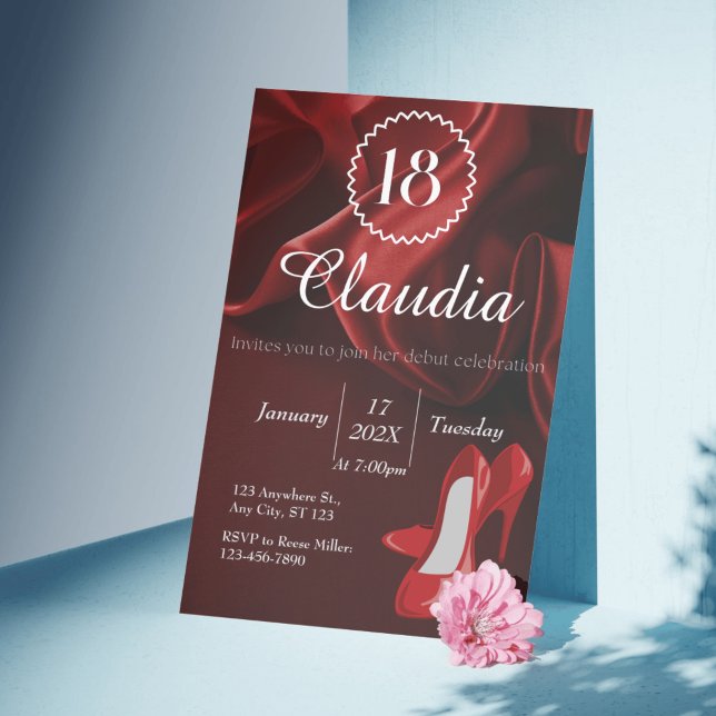Elegant Red Silk & Royal Blue 18th Birthday   Invitation (Elegant Red Silk & Royal Blue 18th Birthday Invitation)