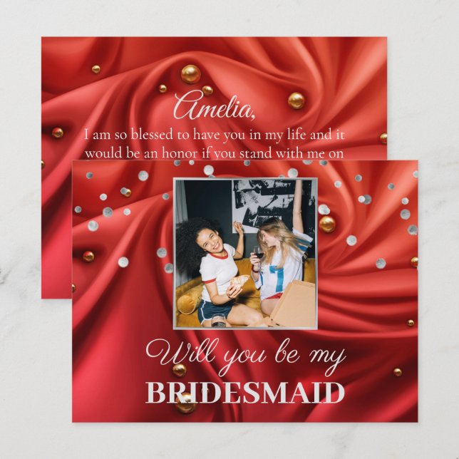 Elegant Red Silky Velvet Will You Be My Bridesmaid Postcard (Front/Back)
