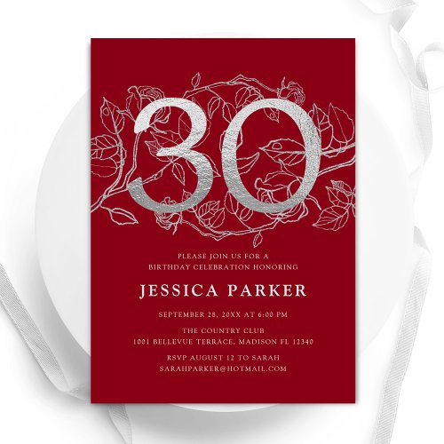 Elegant Red Silver 30th Birthday Invitation