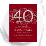 Elegant Red Silver 40th Birthday Invitation<br><div class="desc">Elegant red silver 40th birthday party invitation. Customizable modern feminine design featuring roses botanical accents and faux glitter silver. Simple floral invite card perfect for a stylish female bday celebration. Personalize with your own details. Printed Zazzle invitations or instant download digital printable template.</div>