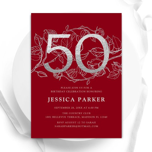 Elegant Red Silver 50th Birthday Invitation