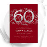 Elegant Red Silver 60th Birthday Invitation<br><div class="desc">Elegant red silver 60th birthday party invitation. Customizable modern feminine design featuring roses botanical accents and faux glitter silver. Simple floral invite card perfect for a stylish female bday celebration. Personalize with your own details. Printed Zazzle invitations or instant download digital printable template.</div>