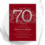 Elegant Red Silver 70th Birthday Invitation<br><div class="desc">Elegant red silver 70th birthday party invitation. Customizable modern feminine design featuring roses botanical accents and faux glitter silver. Simple floral invite card perfect for a stylish female bday celebration. Personalize with your own details. Printed Zazzle invitations or instant download digital printable template.</div>