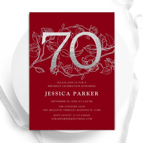 Elegant Red Silver 70th Birthday Invitation