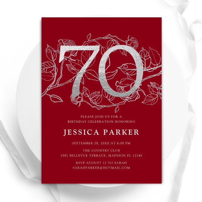 Elegant Red Silver 70th Birthday Invitation (Creator Uploaded)
