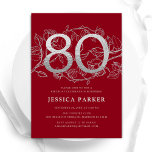 Elegant Red Silver 80th Birthday Invitation<br><div class="desc">Elegant red silver 80th birthday party invitation. Customizable modern feminine design featuring roses botanical accents and faux glitter silver. Simple floral invite card perfect for a stylish female bday celebration. Personalize with your own details. Printed Zazzle invitations or instant download digital printable template.</div>