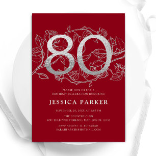 Elegant Red Silver 80th Birthday Invitation