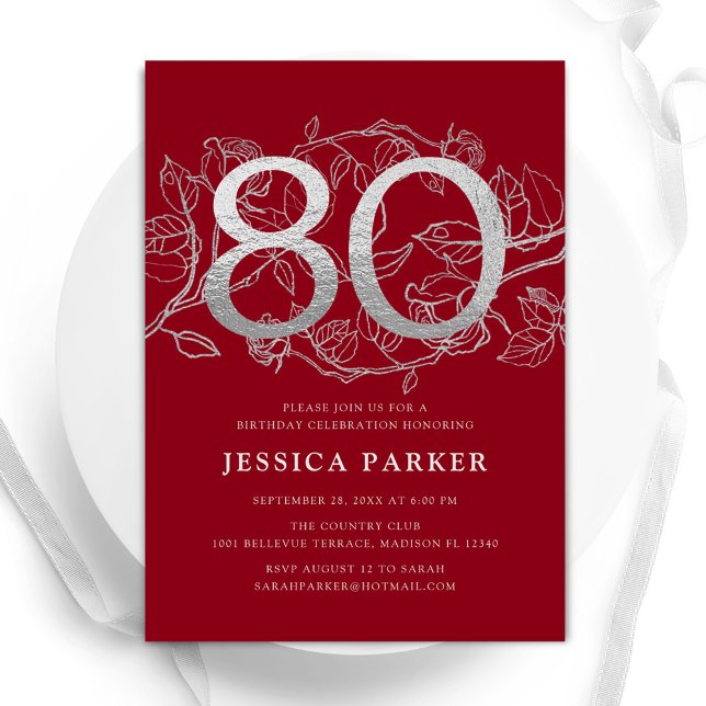 Elegant Red Silver 80th Birthday Invitation (Creator Uploaded)