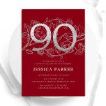 Elegant Red Silver 90th Birthday Invitation<br><div class="desc">Elegant red silver 90th birthday party invitation. Customizable modern feminine design featuring roses botanical accents and faux glitter silver. Simple floral invite card perfect for a stylish female bday celebration. Personalize with your own details. Printed Zazzle invitations or instant download digital printable template.</div>