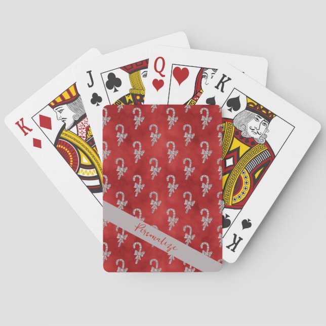 Elegant Red Silver Candy Canes Christmas Holiday Poker Cards (Back)