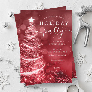 Elegant Red Silver Christmas Tree Company Holiday Invitation