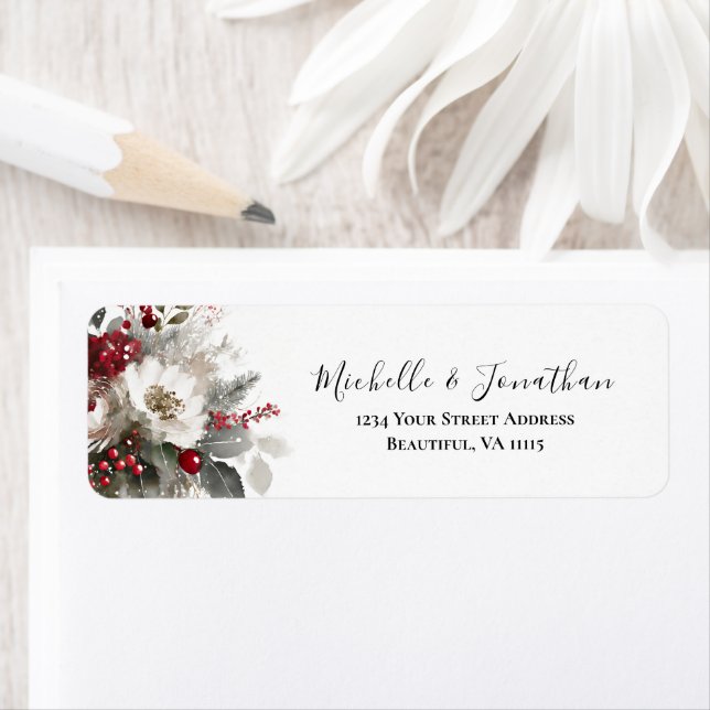 Elegant Red Silver Christmas Winter Floral Wedding Label (Insitu)