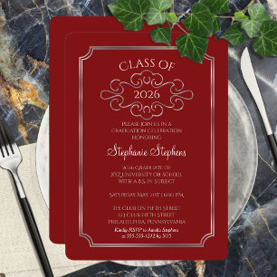 Elegant Red   Silver College Graduation Party Invitation