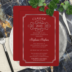 Elegant Red Silver College Graduation Party Invitation