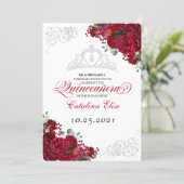 Elegant Red & Silver Floral Quinceanera Birthday I Invitation (Standing Front)