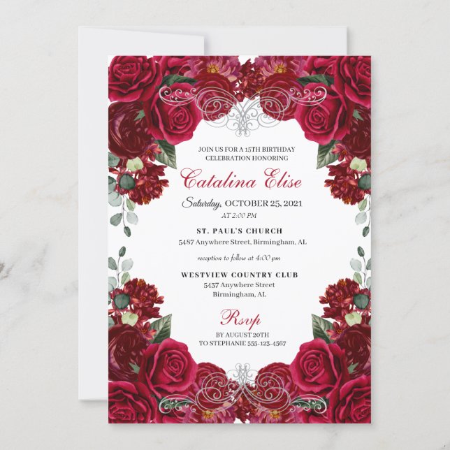 Elegant Red & Silver Floral Quinceanera Birthday I Invitation (Back)