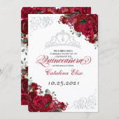 Elegant Red & Silver Floral Quinceanera Birthday I Invitation (Front/Back)