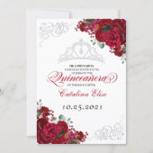 Elegant Red & Silver Floral Quinceanera Birthday I Invitation (Front)