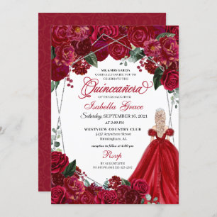 Elegant Red & Silver Floral Quinceanera Birthday I Invitation
