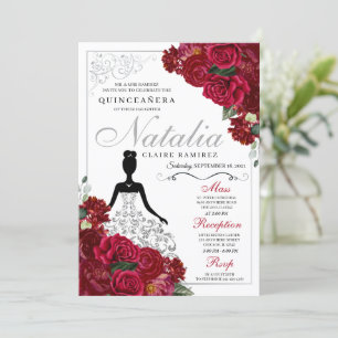 Elegant Red & Silver Floral Quinceanera Birthday Invitation