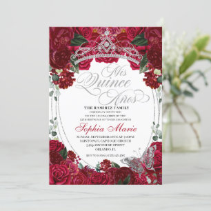 Elegant Red & Silver Floral Quinceanera Birthday Invitation