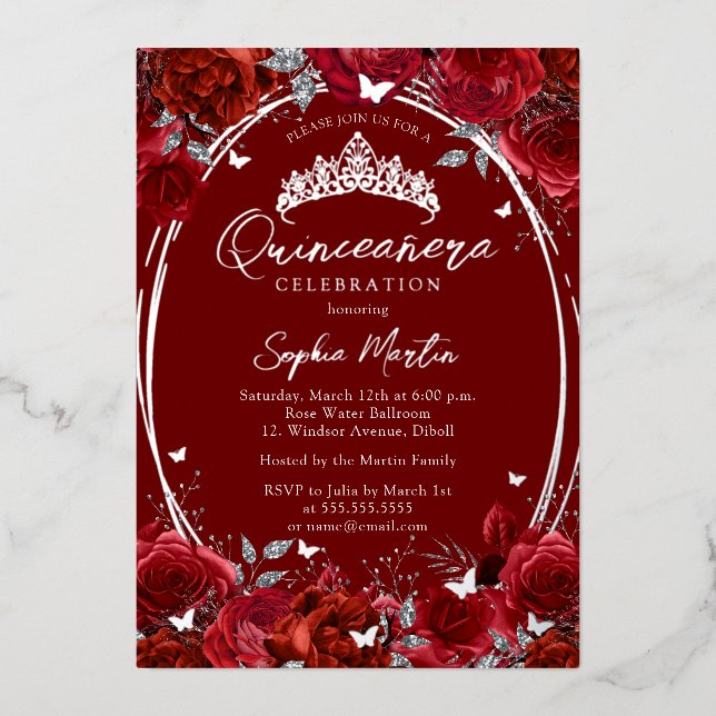 Elegant Red Silver Floral Quinceanera Foil Invitation (Front)
