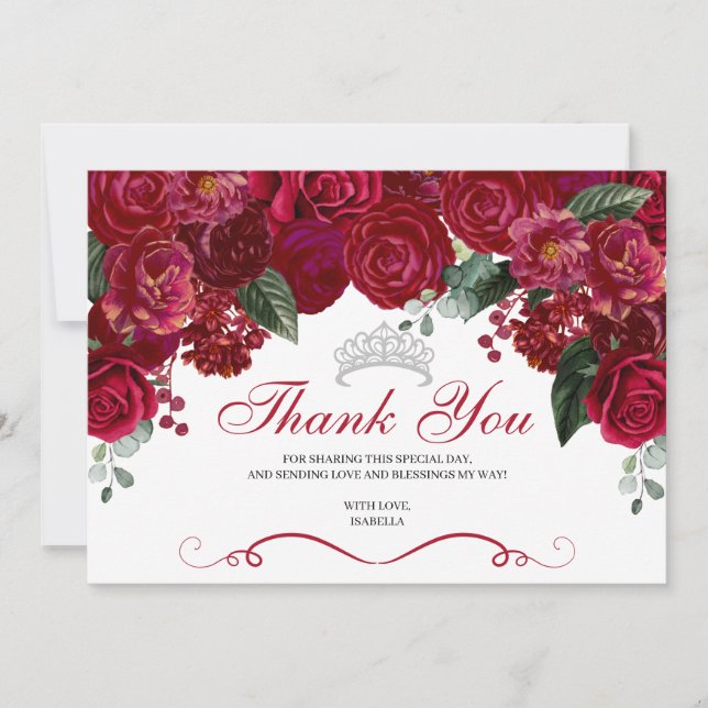 Elegant Red & Silver Floral Quinceanera Thank You (Front)