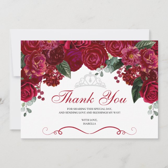 Elegant Red & Silver Floral Quinceanera Thank You (Front)