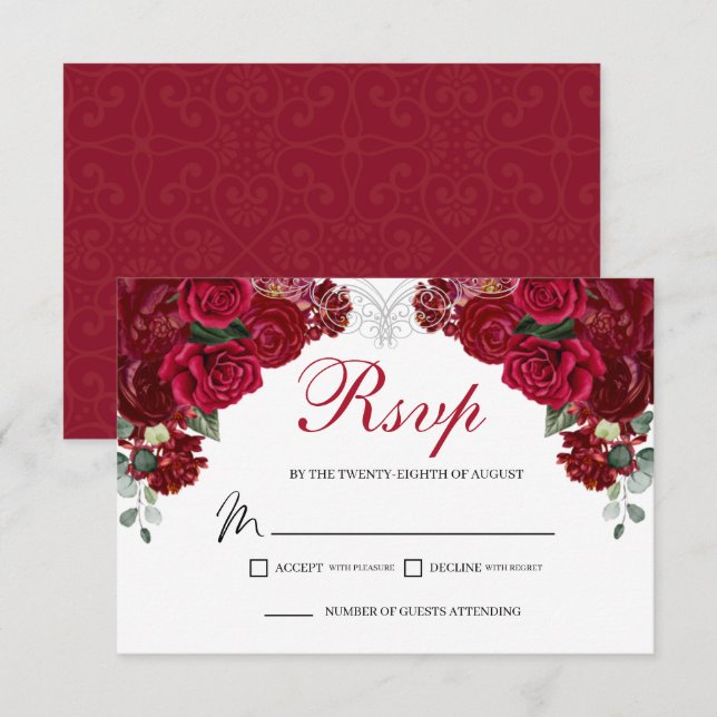 Elegant Red & Silver Floral RSVP Enclosure Card (Front/Back)