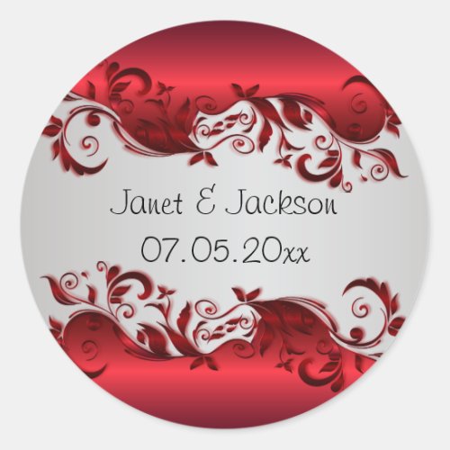 Elegant Red  Silver Florid Wedding Design Classic Round Sticker