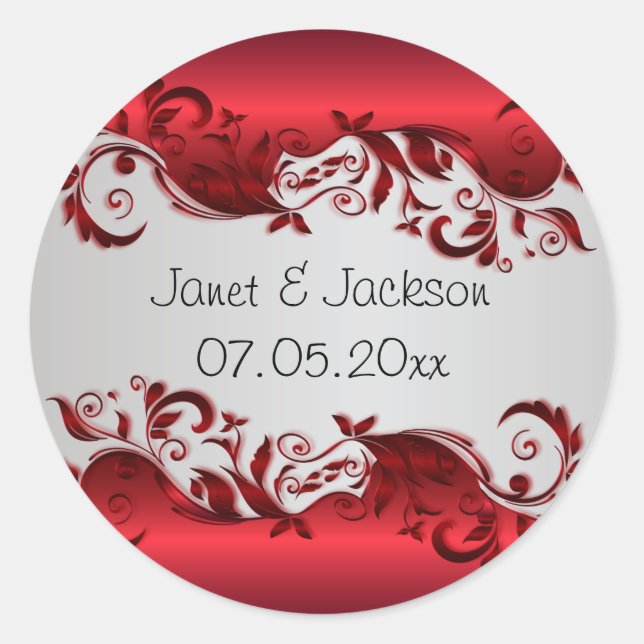Elegant Red & Silver Florid Wedding Design Classic Round Sticker (Front)