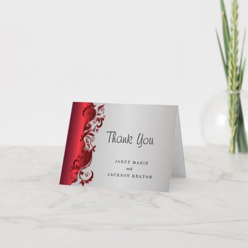 Elegant Red  Silver Florid Wedding Design Thank You Card