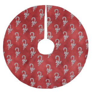 Elegant Red Silver Glitter Candy Canes Christmas Brushed Polyester Tree Skirt