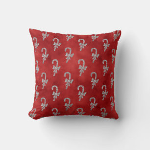 Elegant Red Silver Glitter Candy Canes Christmas Throw Pillow