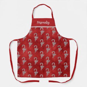 Elegant Red Silver Glitter Christmas Candy Cane Apron