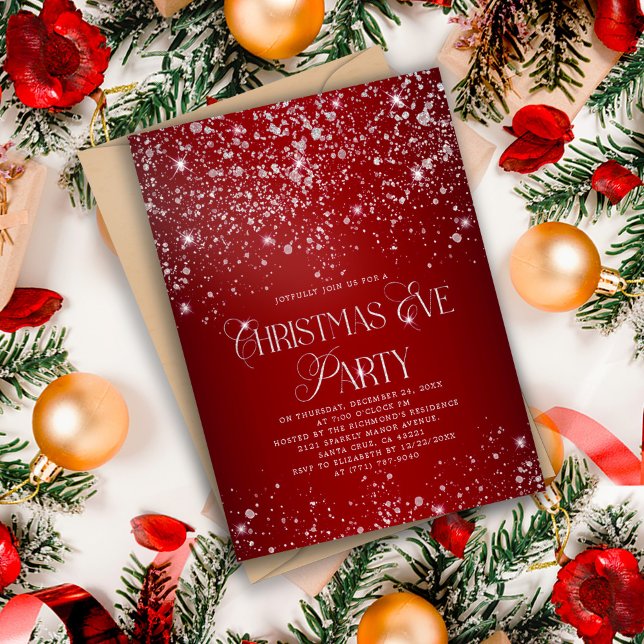 Elegant Red Silver Glitter Christmas Eve Party Invitation (Creator Uploaded)
