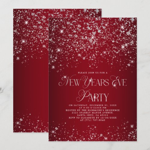 Elegant Red Silver Glitter New Years Eve Party Invitation
