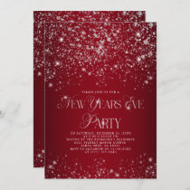 Elegant Red Silver Glitter New Years Eve Party Invitation