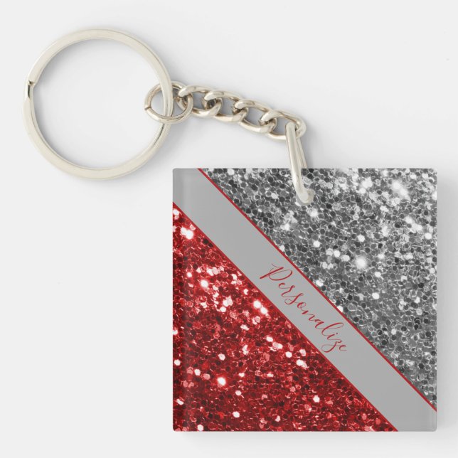 Elegant Red Silver Glitter Sequins Sparkle Glam Ke Keychain (Front)