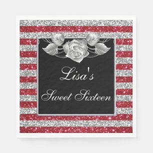 Elegant Red Silver Glitter Silver Rose Sweet 16 Napkins