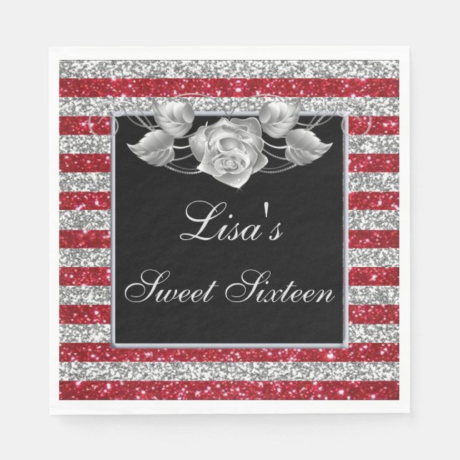Elegant Red Silver Glitter Silver Rose Sweet 16 Napkins (Front)