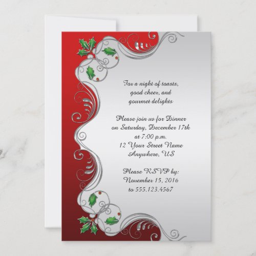 Elegant Red Silver Green Holly Christmas Party Invitation