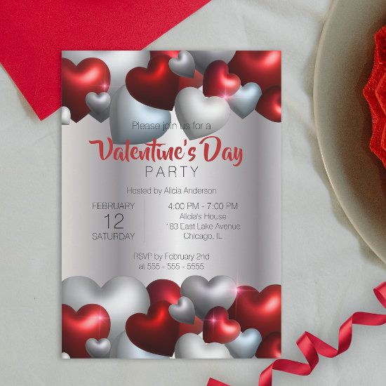 Elegant Red Silver Hearts Valentine's Day Party