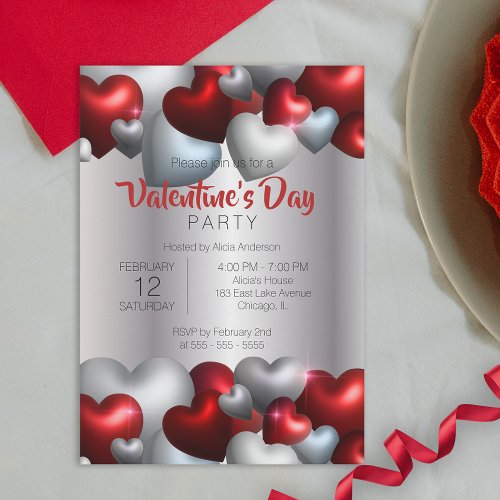 Elegant Red Silver Hearts Valentines Day Party Invitation