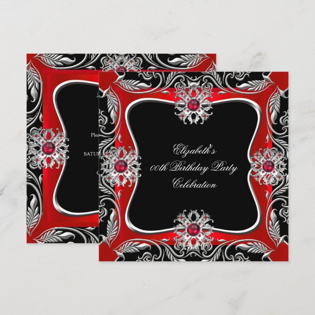 Elegant Red Silver Jewel Black Birthday Party Invitation (Front/Back)