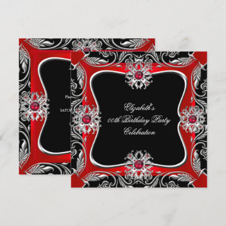 Elegant Red Silver Jewel Black Birthday Party Invitation