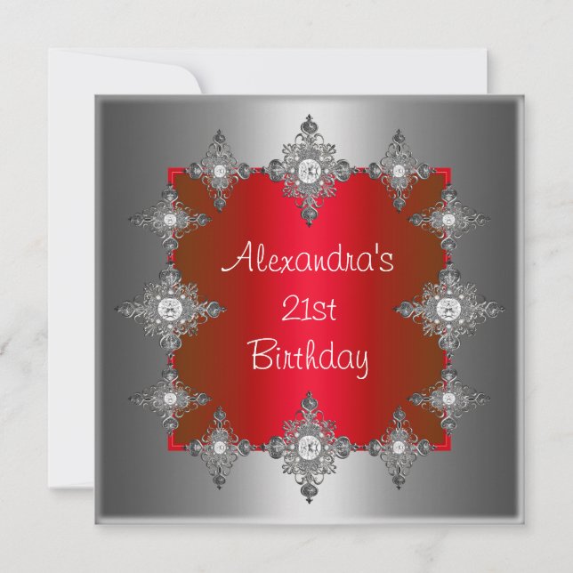 Elegant Red Silver Jewel Frame Birthday Invitation (Front)